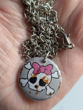 Cute Vintage Halloween Skull with Bones with a Pink Bow Pendant Necklace